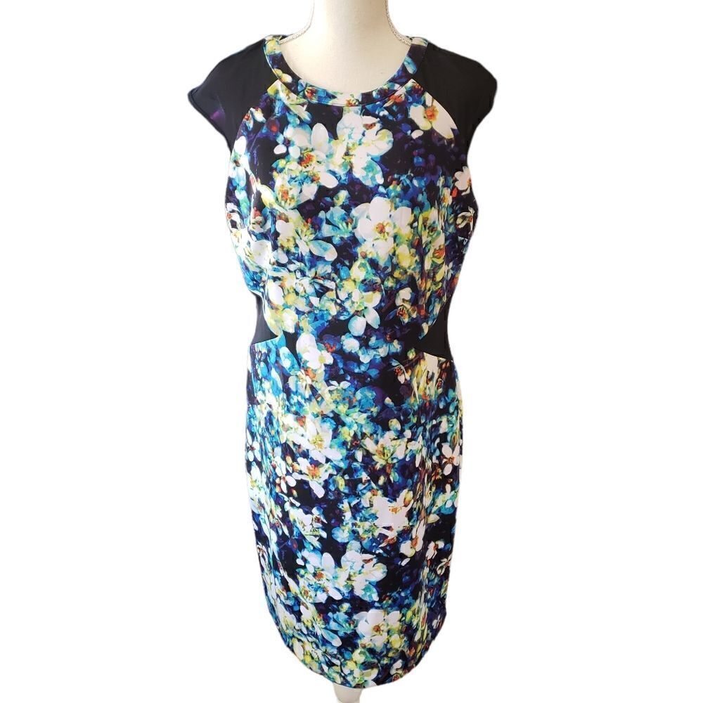 Worthington Abstract Floral Print Mesh Cap Sleeves Sheath Dress Sz 12